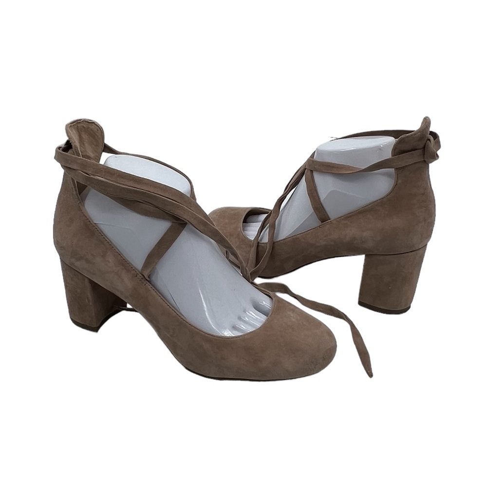 Jessica Simpson Venya Suede Totally Taupe Ankle Wrap Block Heels Size 9 Women's